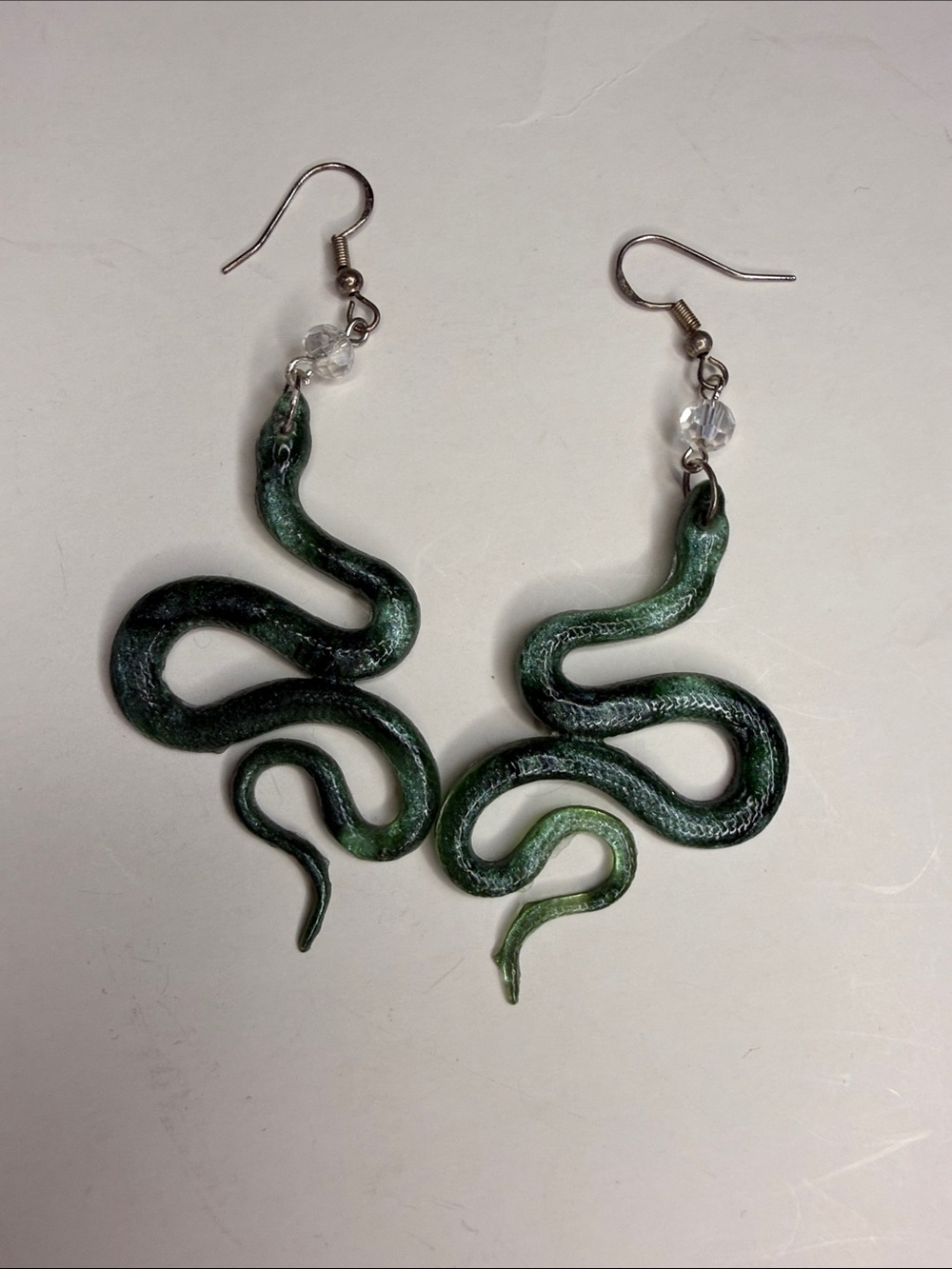 Green Snake Dangle Earrings with Clear Beads Alternative/Dark Academia